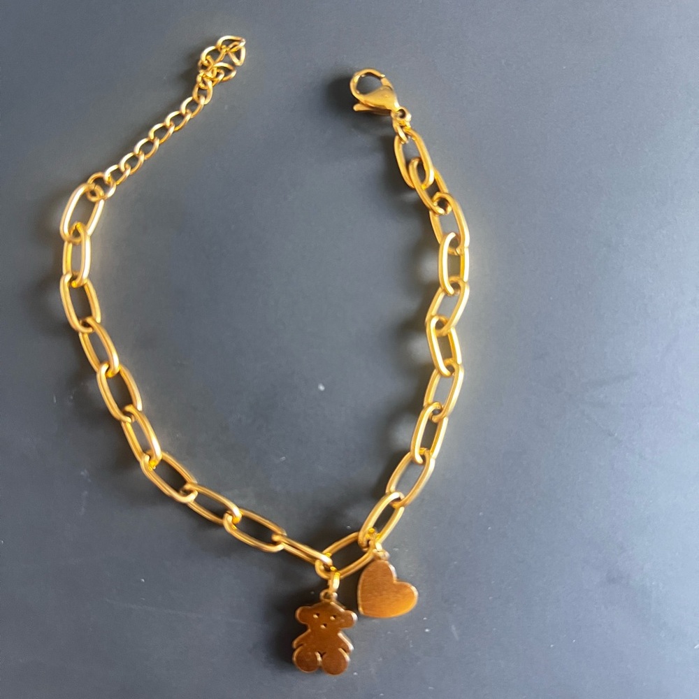 Charming Gold Bracelet with Heart and Bear Charms